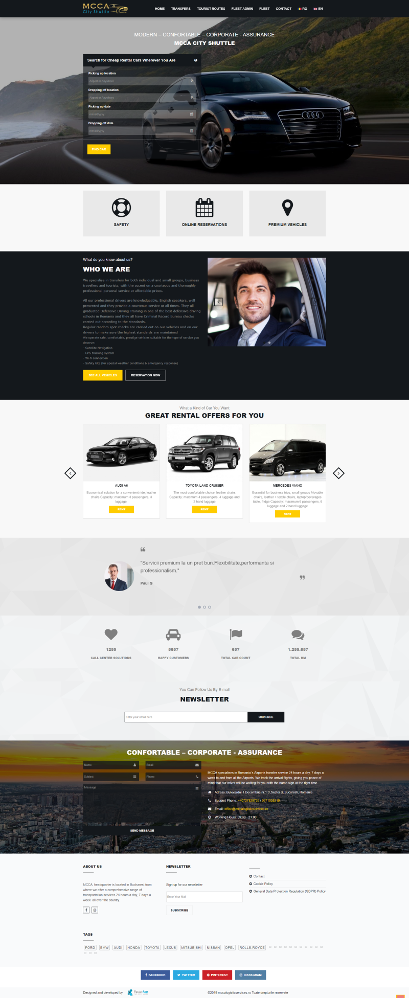 Presentation website for a company's exclusive transport and airport transfer services - MCCA City Shuttle